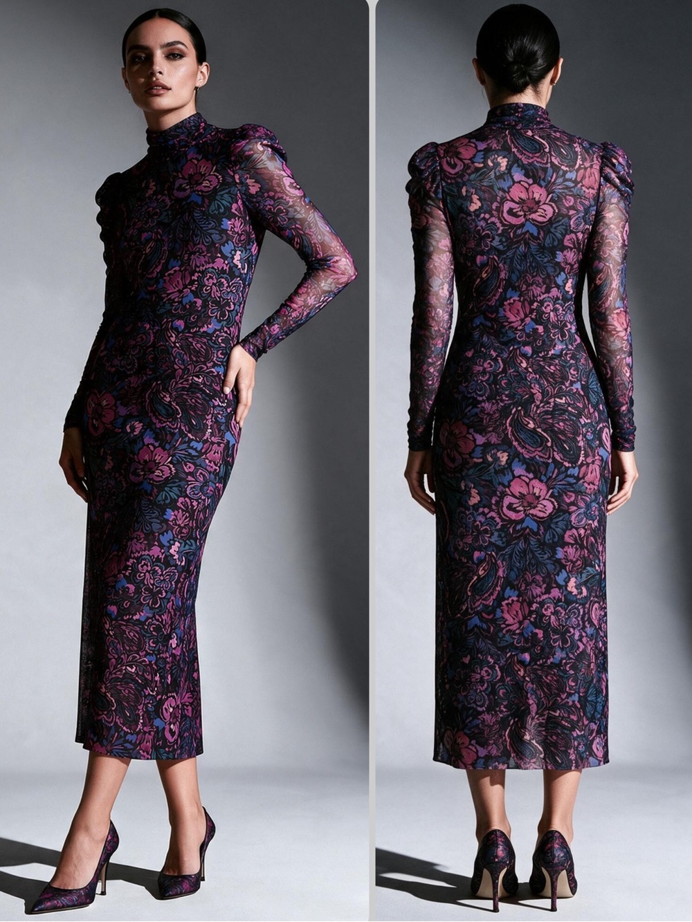 Misa Los Angeles Floral Long-Sleeve Mesh Lined-Body Midi Dress NWT $385